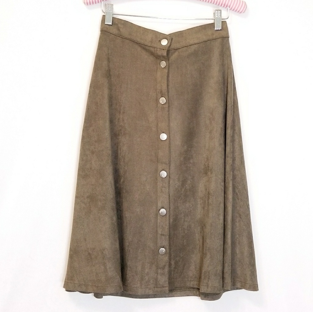 Faux Suede Military Green A Line Skirt